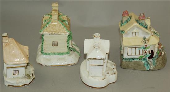 Four Staffordshire porcelain models of cottages, c.1835-50, height 9.5 - 11cm
